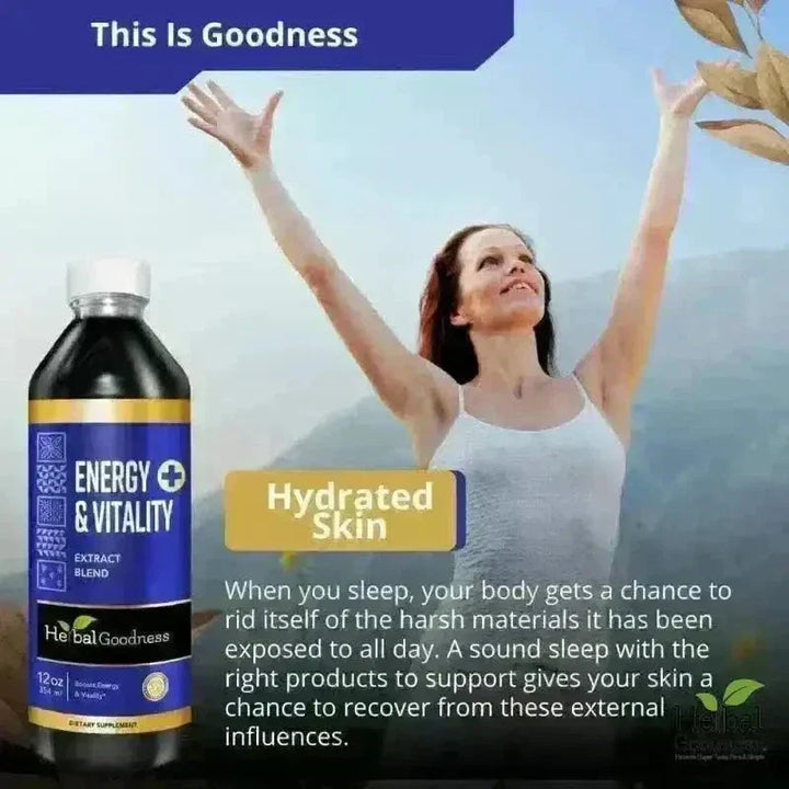 A 12 oz dark liquid bottle with blue and gold energy and vitality extract blend label for natural energy stack bundle