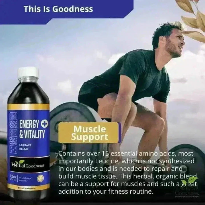 Dark amber glass bottle with white cap and blue gold label energy vitality extract blend for plant-powered energy without crashes