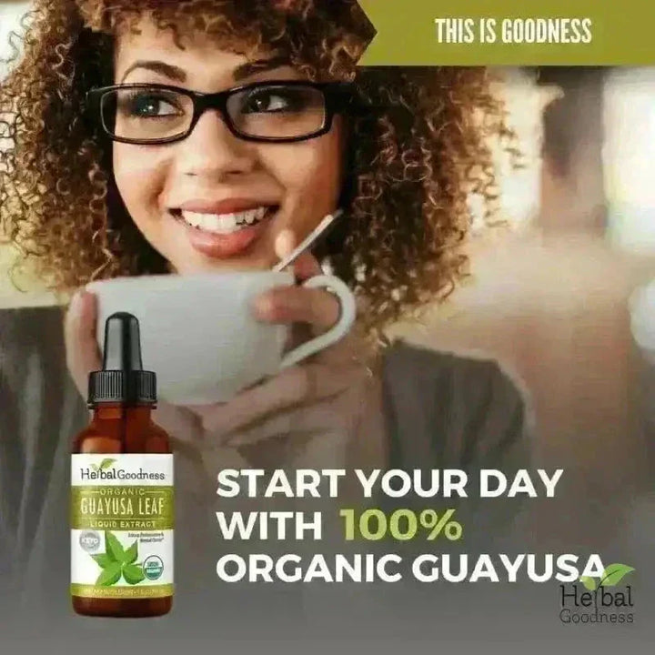 A small amber glass bottle with black dropper labeled herbal goodness organic guayusa leaf liquid extract for natural energy stack bundle