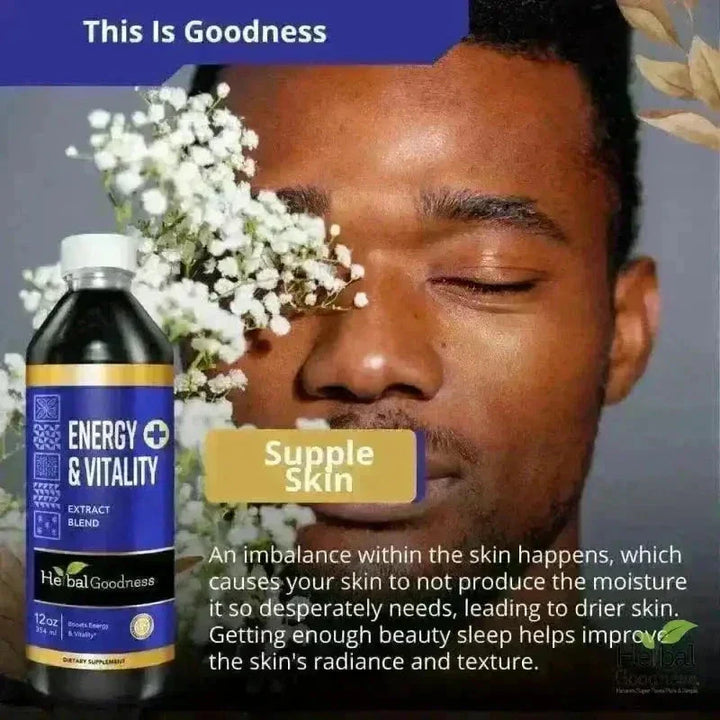 A dark liquid-filled bottle with white cap and blue gold-accented label energy and vitality natural energy stack bundle