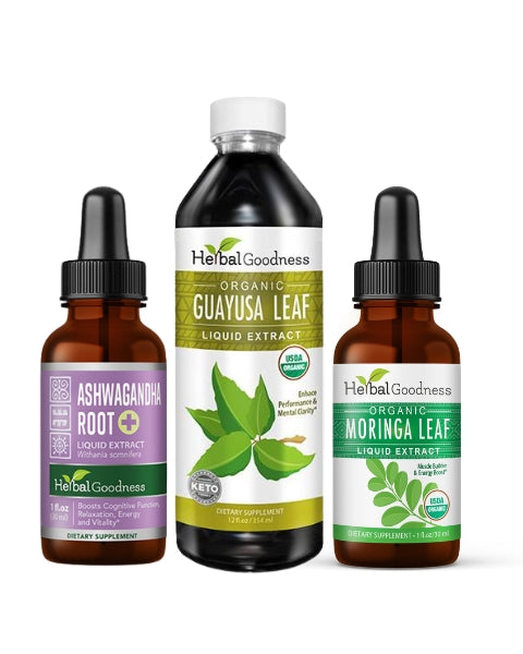 The dark amber glass bottle with white cap features herbal goodness organic guayusa leaf liquid extract for natural energy stack bundle
