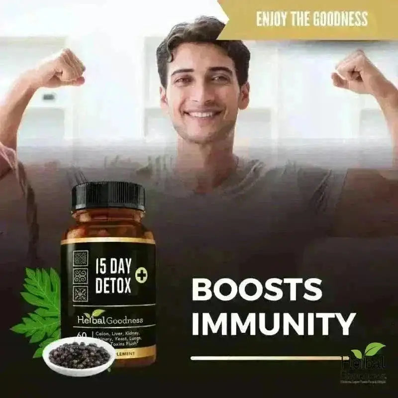 A brown glass bottle with black cap and label for herbalgoodness 15 day detox in the full reset bundle complete detox reset