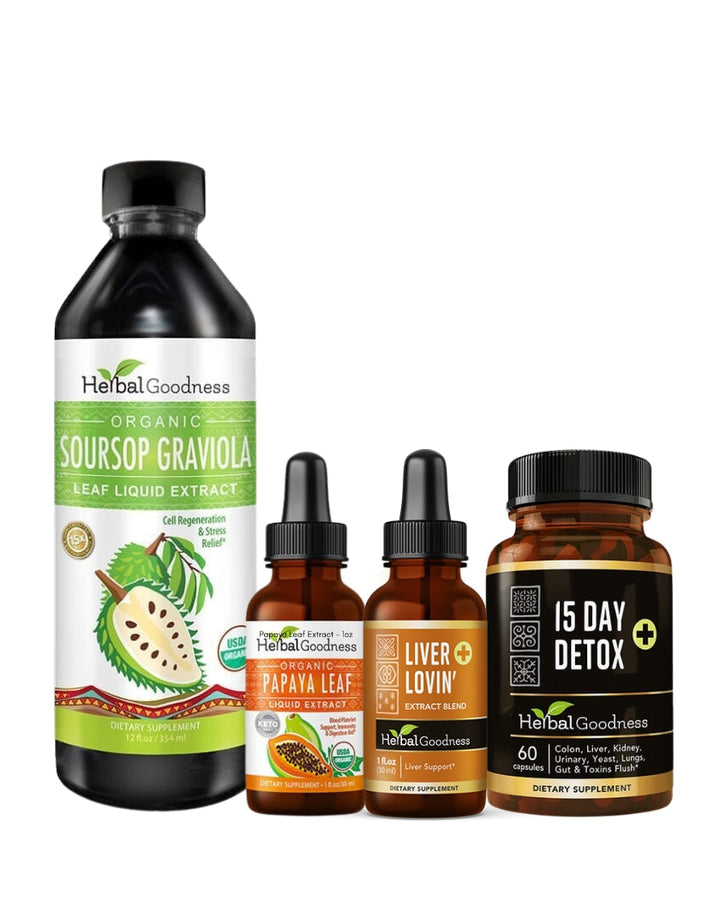 Black plastic bottle of herbalgoodness organic soursop graviola leaf liquid extract in complete detox reset bundle