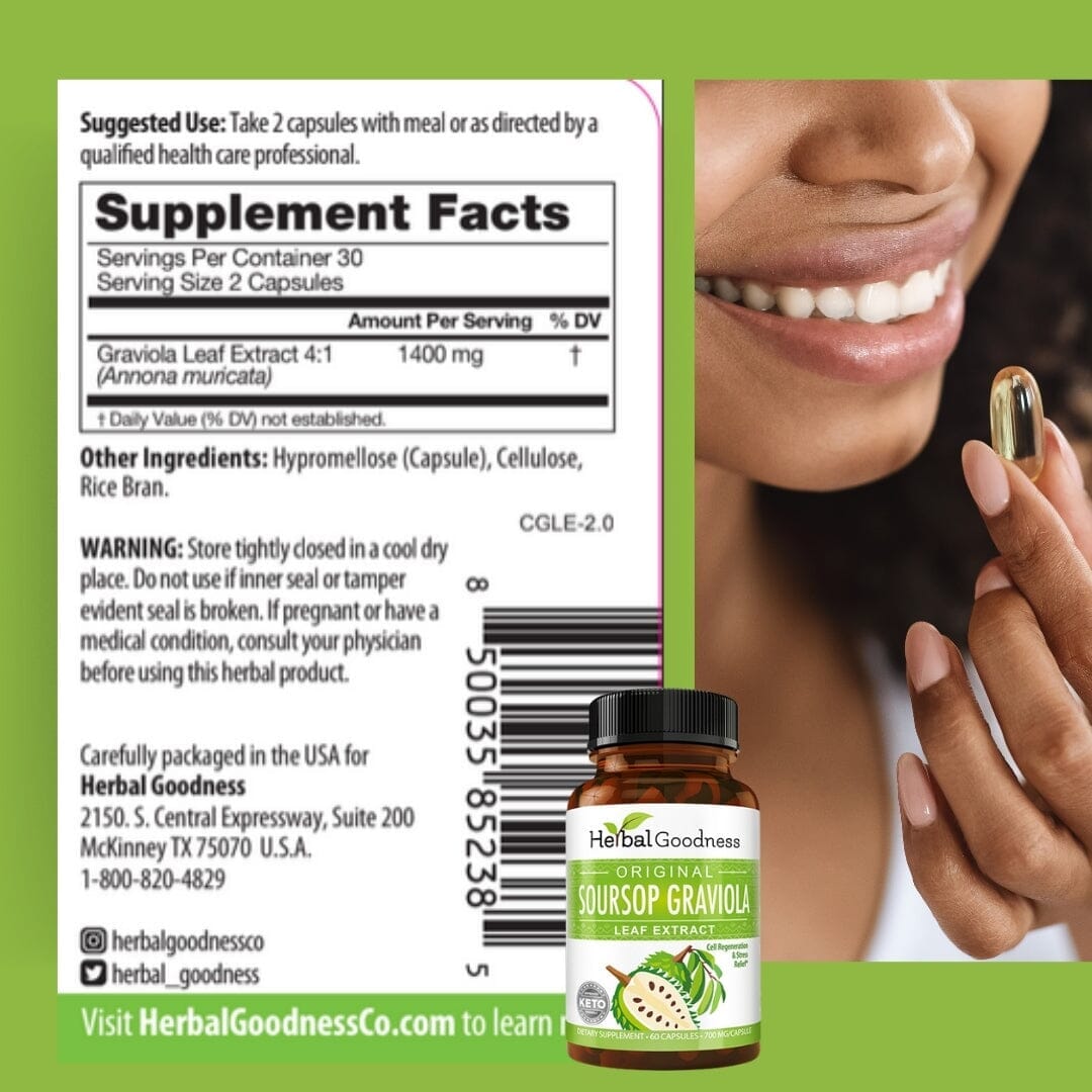 Graviola Soursop Leaf Extract – 10X 60/600mg Capsules - Cell Renew & Immunity Capsules Herbal Goodness 