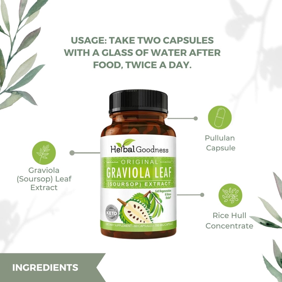 Graviola (Soursop) Leaf Extract - Capsules 60/700mg - Healthy Cell Function, Immunity & Relaxation - Herbal Goodness Capsules Herbal Goodness 