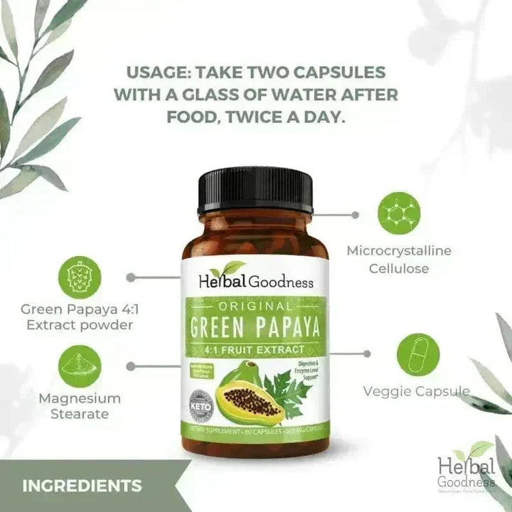 Green Papaya Fruit Extract - Capsules 60/600mg - 4X Strength - Herbal Goodness Capsules Herbal Goodness 