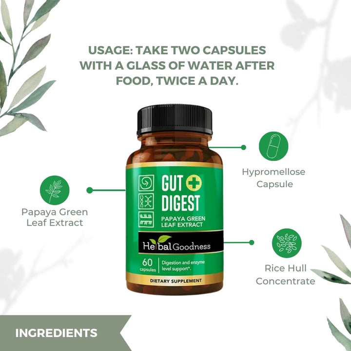 Gut Digest - Papaya Green Fruit Extract - 60/600mg-Digestion and Enzyme Level Support-Herbal Goodness Capsules Herbal Goodness 