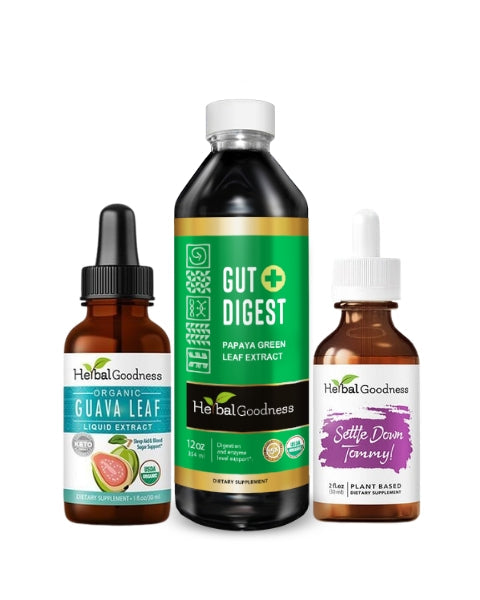 Three amber glass dropper bottles with black and white caps labeled herbal goodness liquid extract for gut health support
