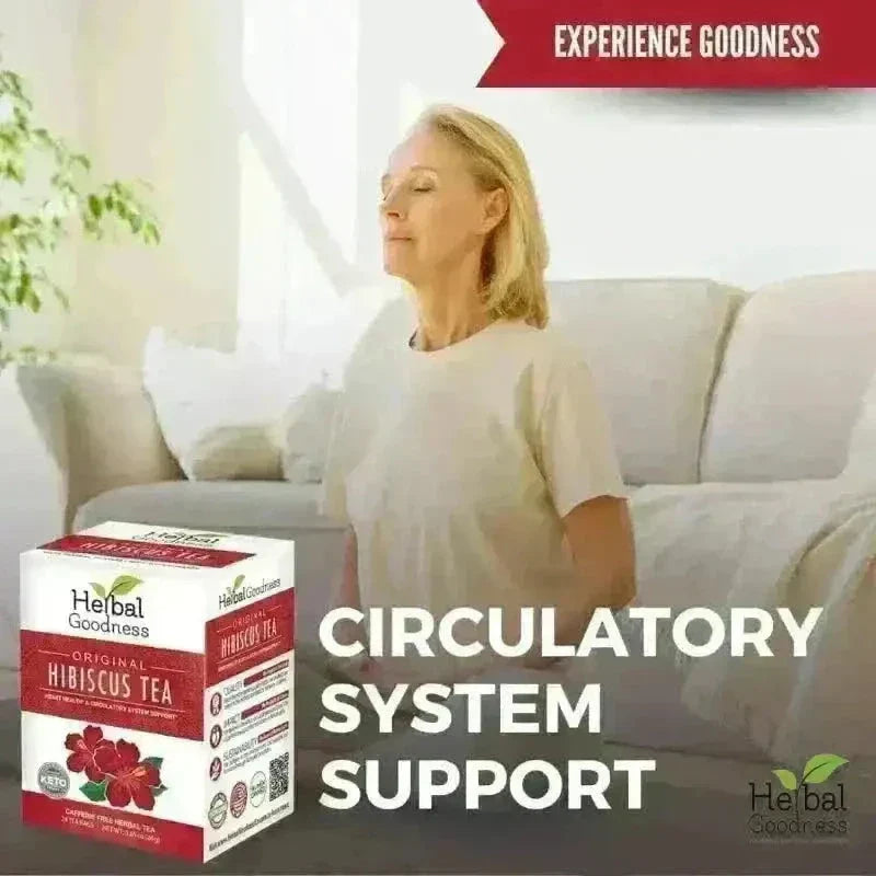 A white and red box of herbal goodness original hibiscus tea in a perfect effective detox starter bundle kit