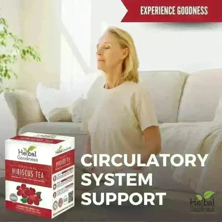A white and red box of herbal goodness original hibiscus tea in a perfect effective detox starter bundle kit
