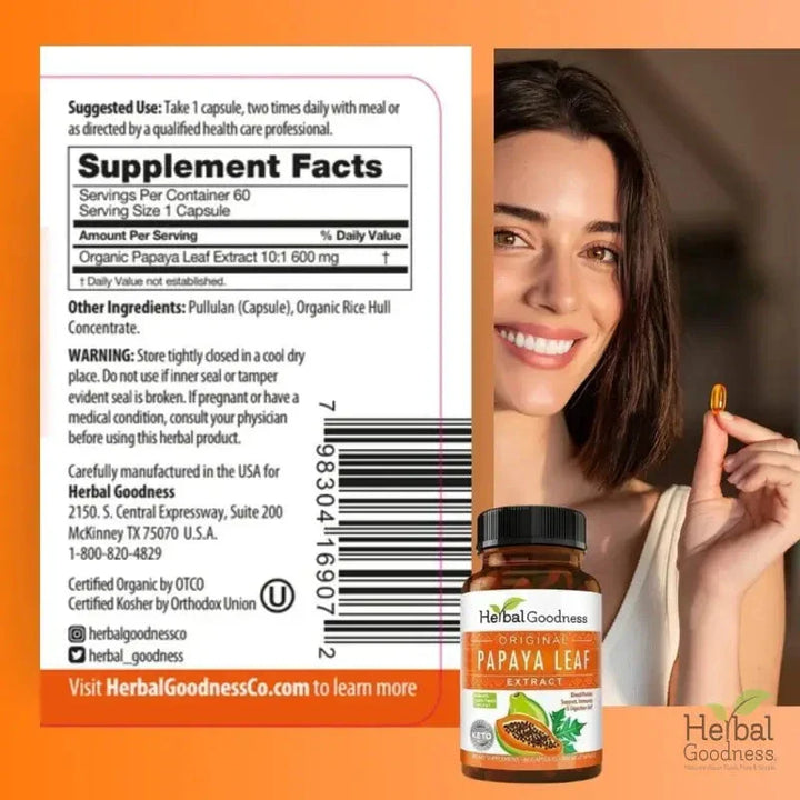 A brown glass bottle with black cap and white label of herbalgoodness original papaya leaf extract in perfect detox starter pack