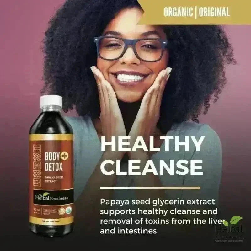 A dark brown herbalgoodness body plus detox bottle with white cap and gold label featuring papaya seed glycerin extract in an effective detox starter pack