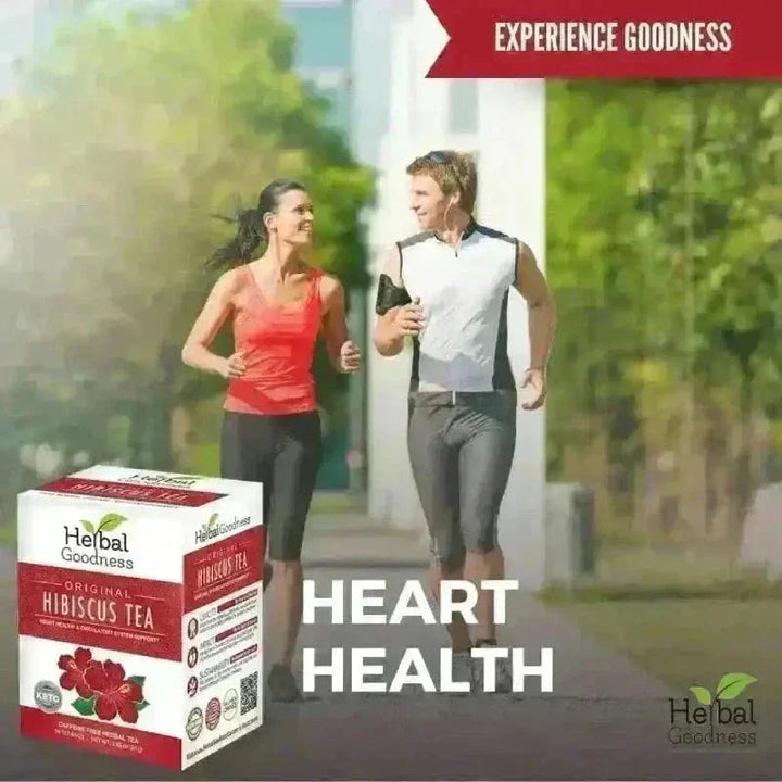 A white and red box of herbal goodness original hibiscus tea with vibrant hibiscus flowers in an effective detox starter pack