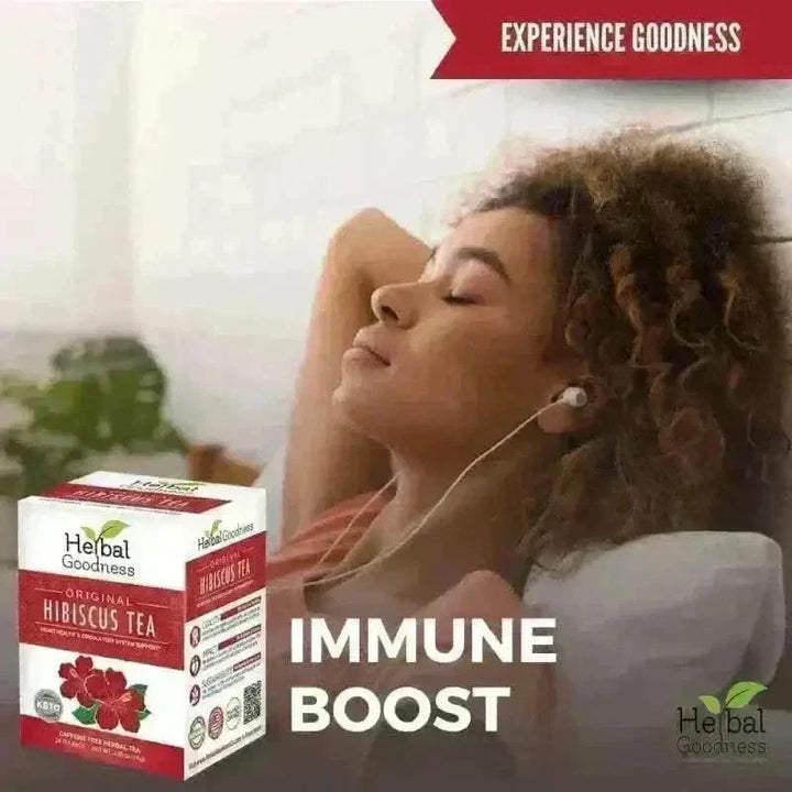 A white and red box of herbal goodness original hibiscus tea with floral design perfect for an effective detox bundle