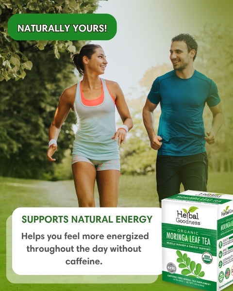 Organic moringa leaf tea in a white and green box with leaf illustrations labeled caffeine-free herbal leaf tea 24 2g