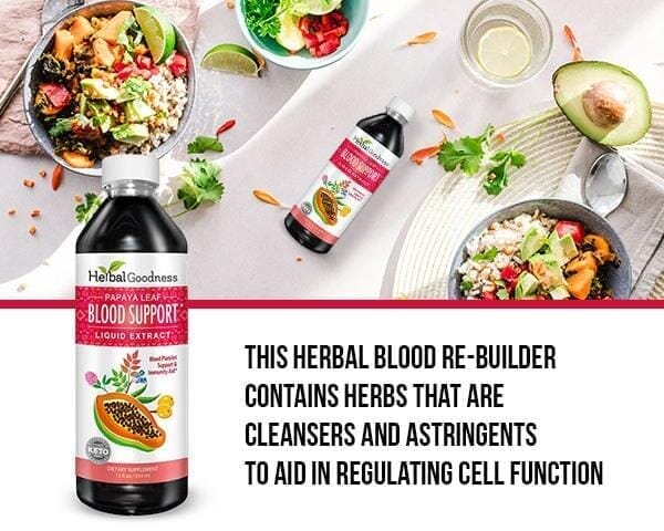 Dark glass bottle with white cap and pink papaya leaf label from herbal goodness immune cleanse travel herbal wellness support bundle