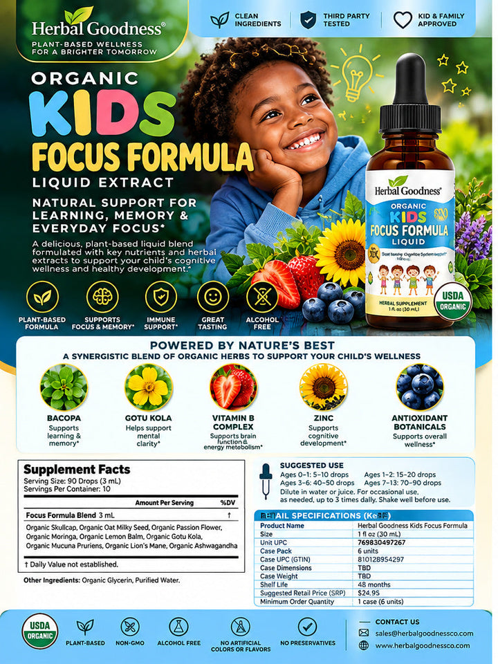 Brown glass bottle with black dropper cap and blue label showing kids plant-based focus formula with lemon balm and immune support