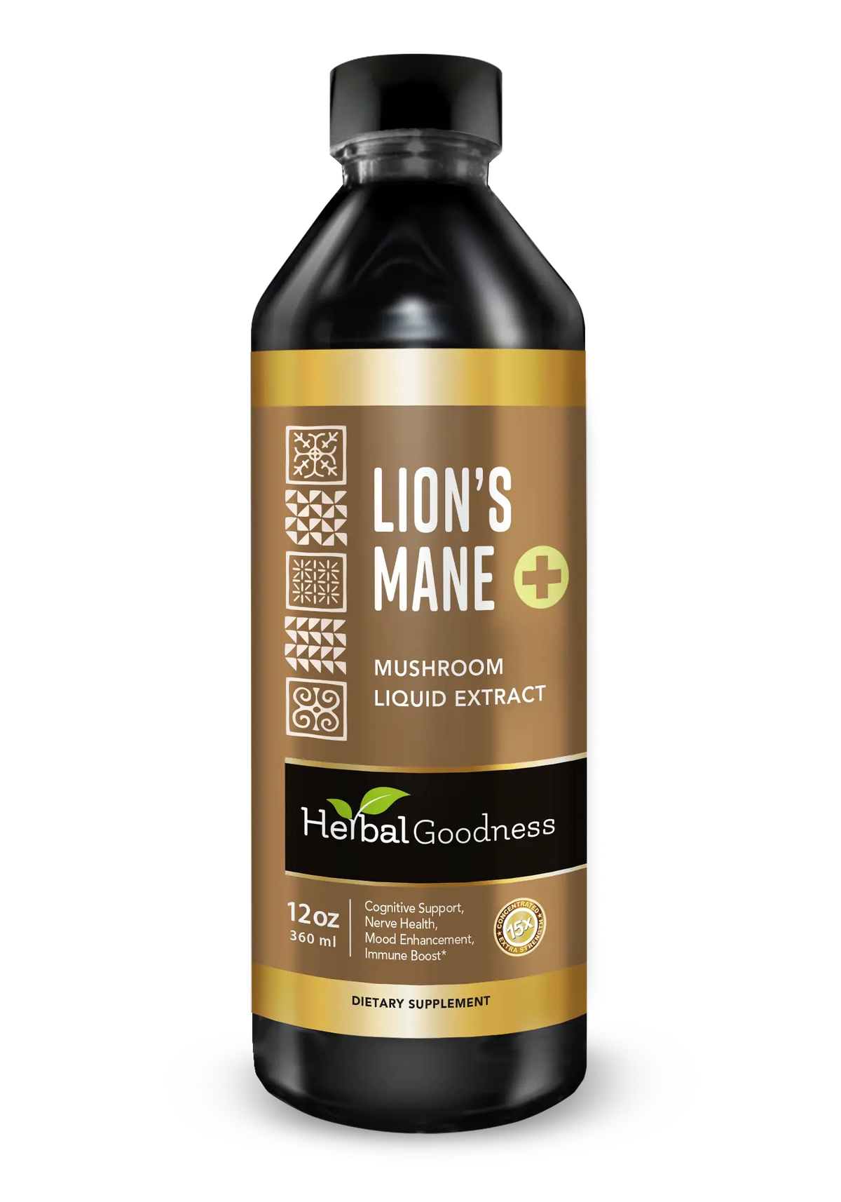 Herbal Goodness Lion’s Mane Mushroom Liquid Extract 12 oz black bottle with gold Concentrated 15x Extra Strength badge
