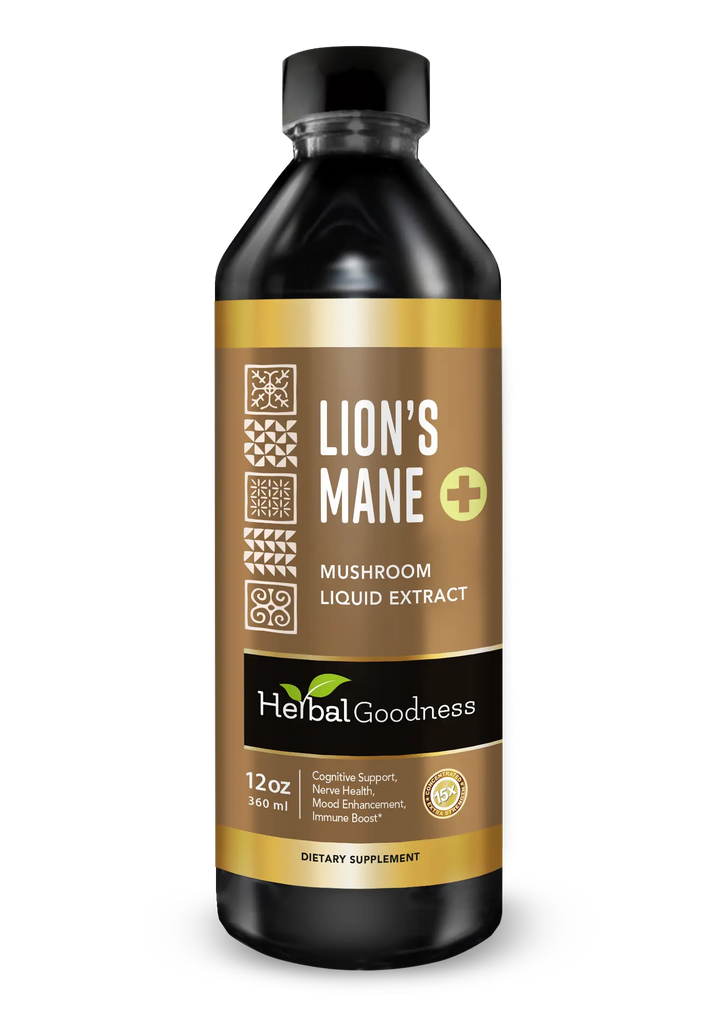 Herbal Goodness Lion’s Mane Mushroom Liquid Extract 12 oz black bottle with gold Concentrated 15x Extra Strength badge