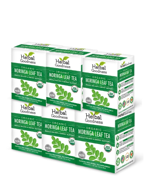 Six boxes of herbal goodness organic moringa leaf tea with white and green leaf design caffeine-free leaf tea