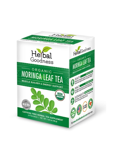 White and green cardboard box of herbal goodness organic moringa leaf tea caffeine-free 24 2g leaf tea packet