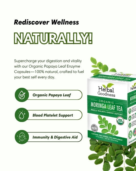 Green and white box of herbal goodness organic moringa leaf tea caffeine-free moringa leaf tea 24 2g