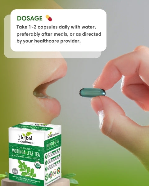 A translucent green capsule held between fingers with a box of caffeine-free moringa leaf tea nearby