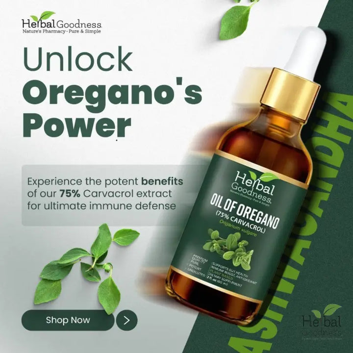 A dark green-labeled amber glass bottle of oregano oil with a gold dropper cap in an herbal oil bundle for immune support