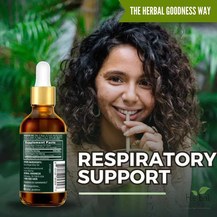 Amber glass bottle with gold dropper and white rubber bulb labeled respiratory support in herbal oil bundle for immune support with black seed oil