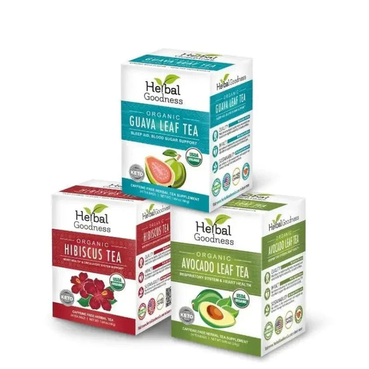 Organic Herbal Tea Trio – Mix & Match Any 3 Herbal Teas & Save 20% Herbal Goodness Guava Hibiscus Avocado 