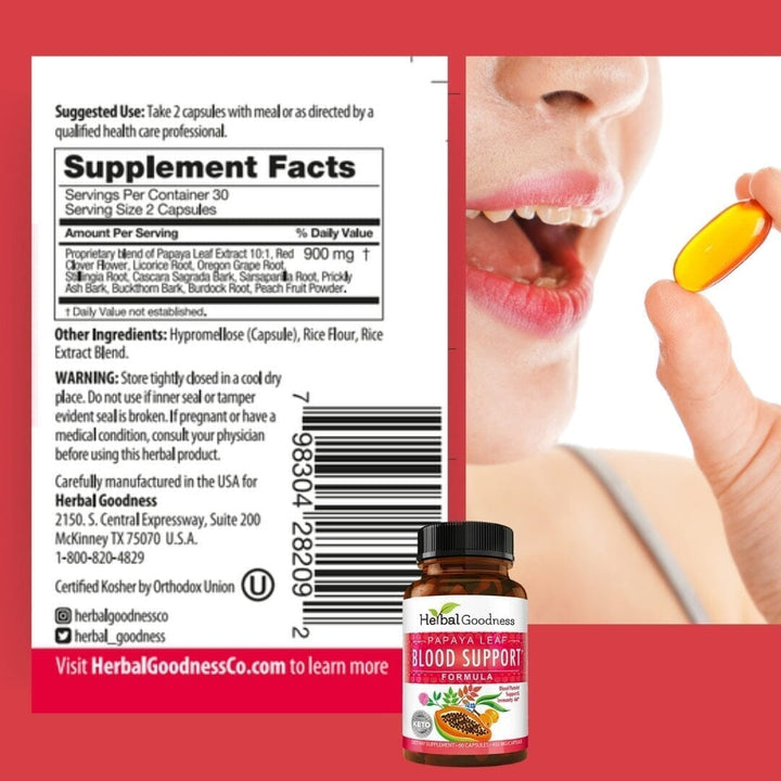 Papaya Leaf Extract Blood Support - 10X 60/450mg Capsules - Blood Platelet Capsules Herbal Goodness 