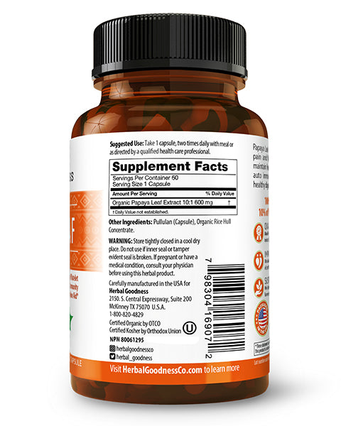Papaya Leaf Extract - Capsules 600mg - 10X Strength - Herbal Goodness
