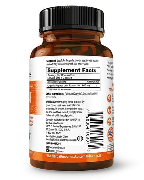 Papaya Leaf Extract - Capsules 600mg - 10X Strength Capsules Herbal Goodness 