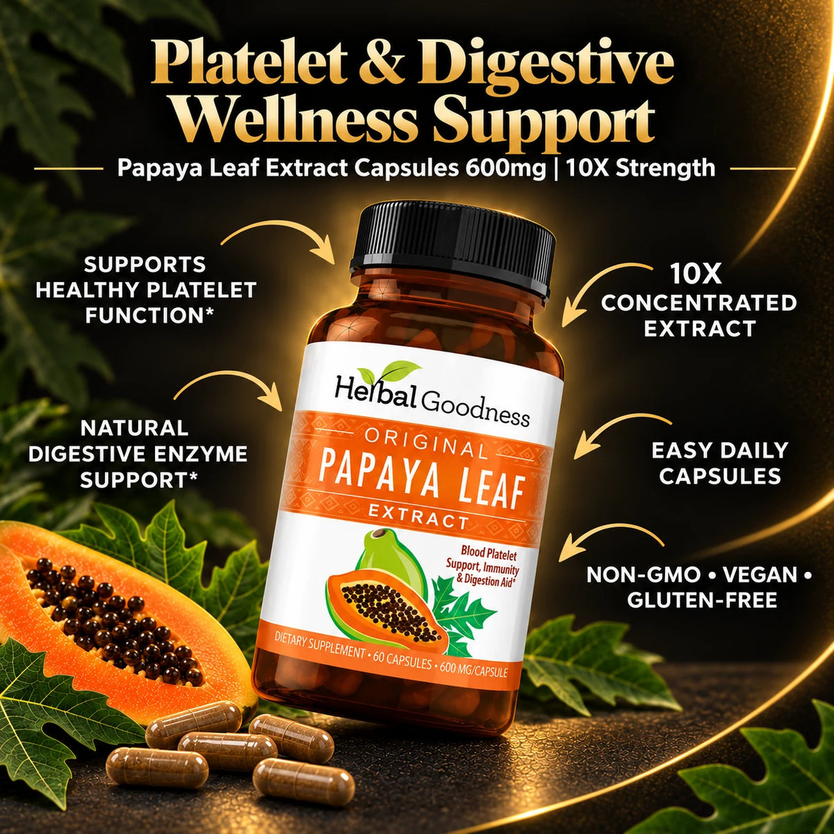 Brown glass bottle with black cap and white label of papaya leaf extract 10x strength capsules for platelet support surrounded by papaya slices and capsules