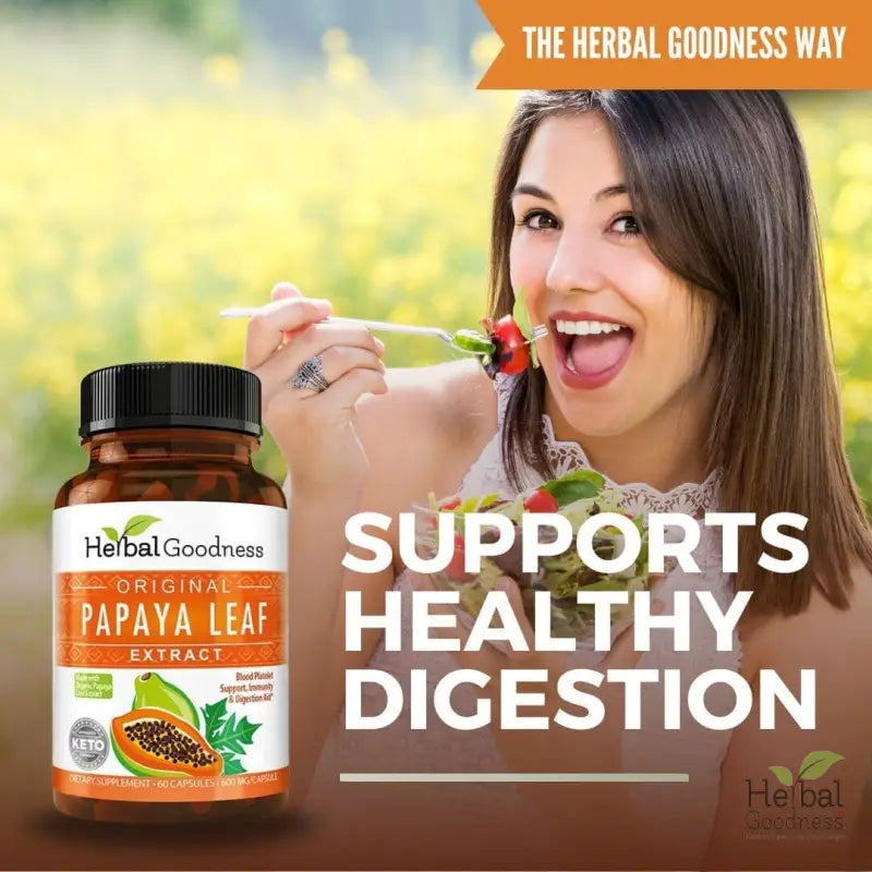 Herbal goodness original papaya leaf extract supplement bottle with amber glass and black cap in essential wellness bundle