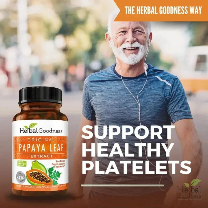Brown glass bottle with black cap and white label showing herbal goodness original papaya leaf extract in essential wellness bundle for daily immune support