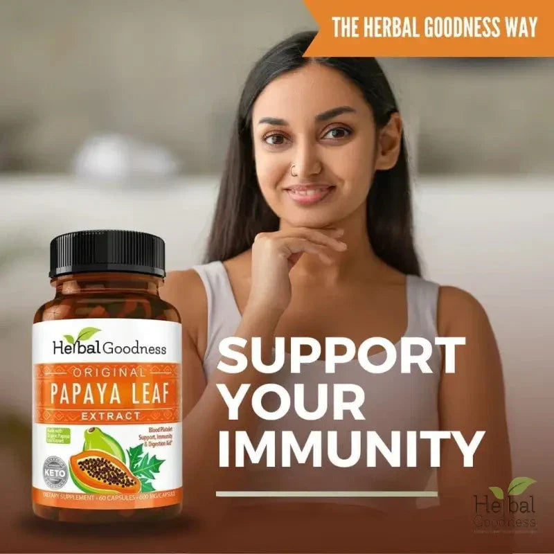 A brown glass bottle with black cap and papaya leaf label of original papaya leaf extract by herbal goodness for daily immune support in an essential wellness bundle