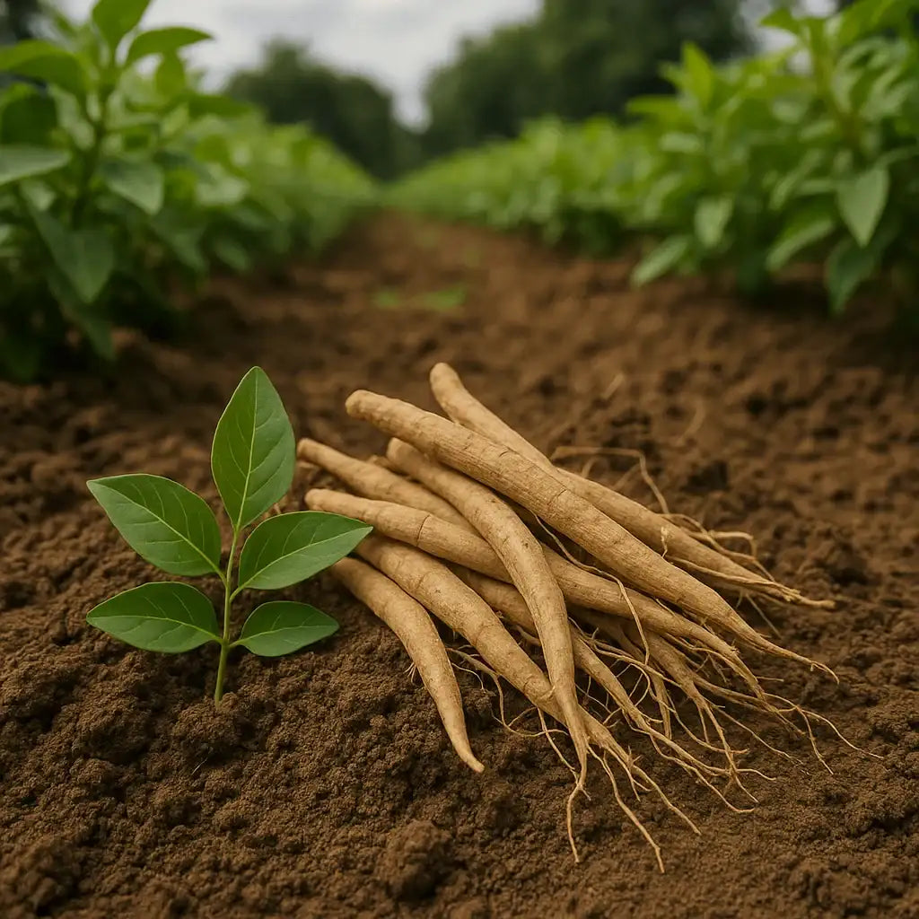 A pile of light brown, slender root vegetables with fine roots and attached green leaves lie on dark soil.