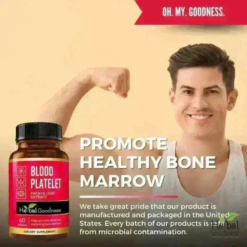A brown glass bottle with a black cap and red label by herbalgoodness for platelet boost and promoting blood wellness