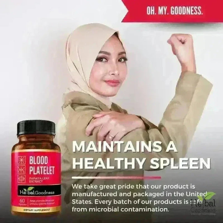 A brown glass bottle with black cap and red label containing 60 capsules of herbalgoodness blood platelet for platelet boost and restoring blood wellness