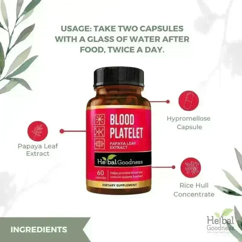 A brown glass bottle with a black cap and red herbalgoodness label for platelet boost restore stack promoting blood wellness