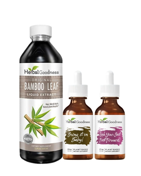 Herbalgoodness original bamboo leaf liquid extract in dark amber bottle with white cap in radiant beauty bundle designed for hair skin nails