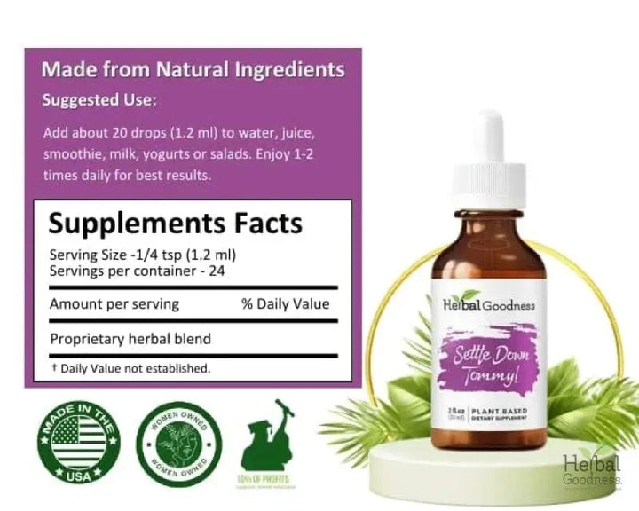 Settle Down Tommy 2fl.oz - Plant Based - Dietary Supplement, Promotes a Balanced Gut - Herbal Goodness Liquid Extract Herbal Goodness 