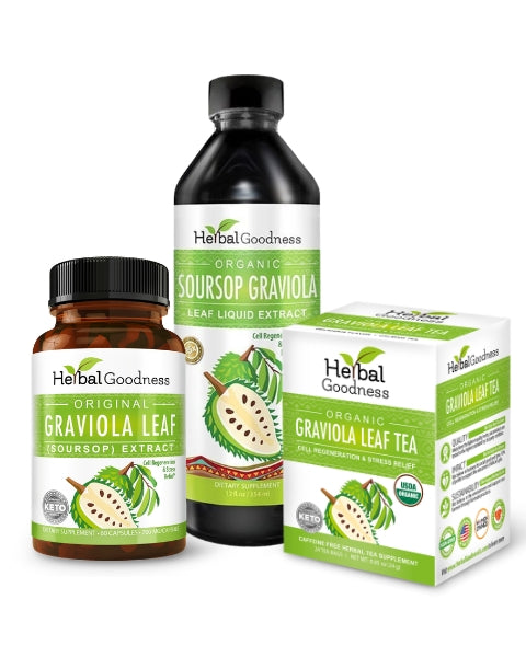 Herbal goodness organic soursop cell renewal trio with green-labeled caffeine-free tea liquid extract and fruit illustrations