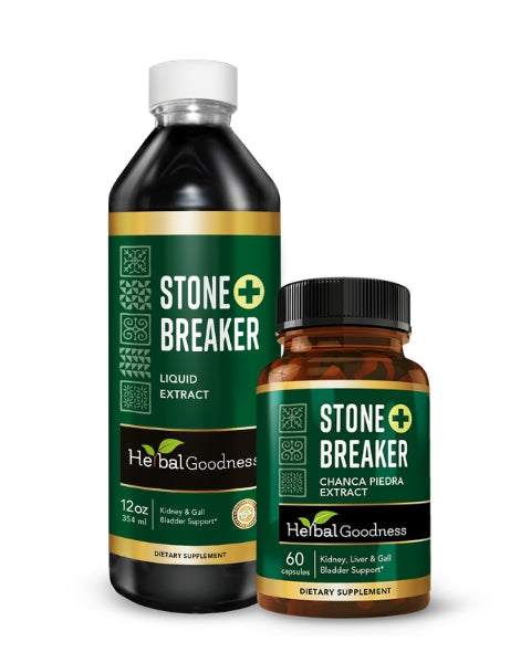 Green-labeled stone breaker chanca piedra liquid extract and capsule supplement bottles from herbalgoodness bundle